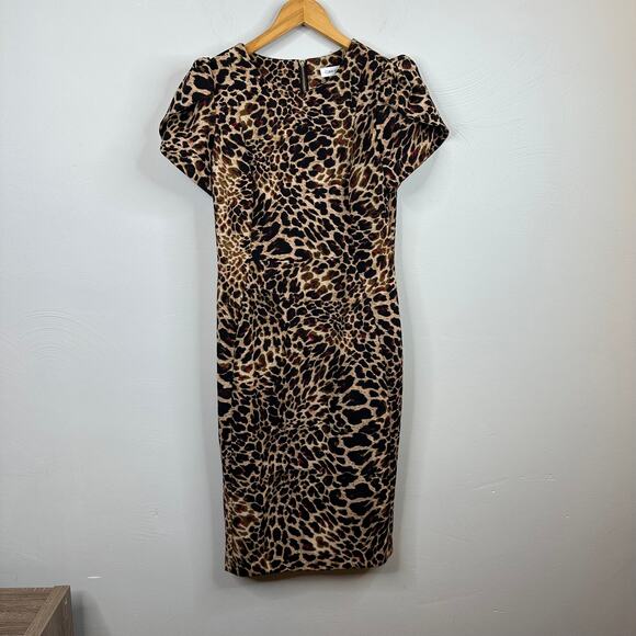 Calvin Klein Leopard Print Tulip Sleeve Sheath Dress - Picture 2 of 10